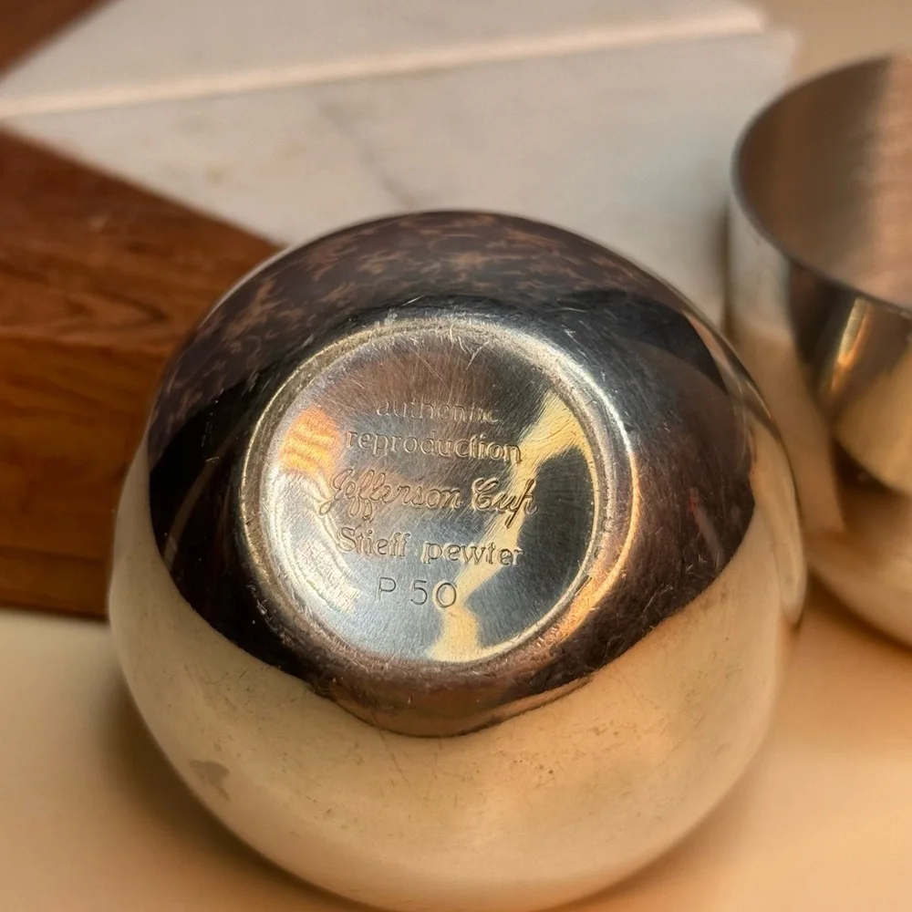 Vintage Estate Pair of Stieiff Pewter Jefferson Cups Engraved with R